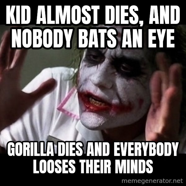 joker mind loss meme: kid almost dies, and nobody bats an eye / gorilla dies and everybody looses their minds