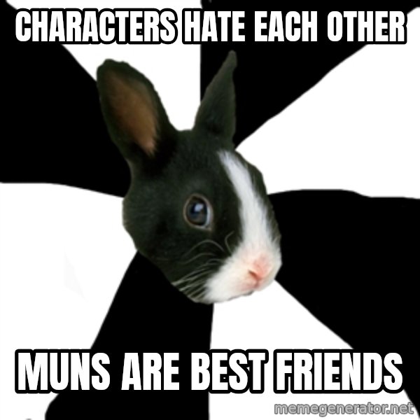 Roleplaying Rabbit meme: characters hate each other / muns are best friends