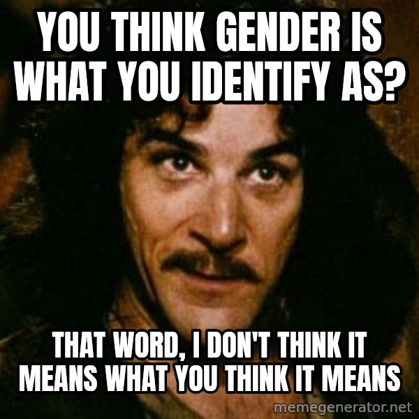 You keep using that word, I don't think it means what you think it means meme: You think gender is what you identify as? / That word, I don't think it means what you think it means
