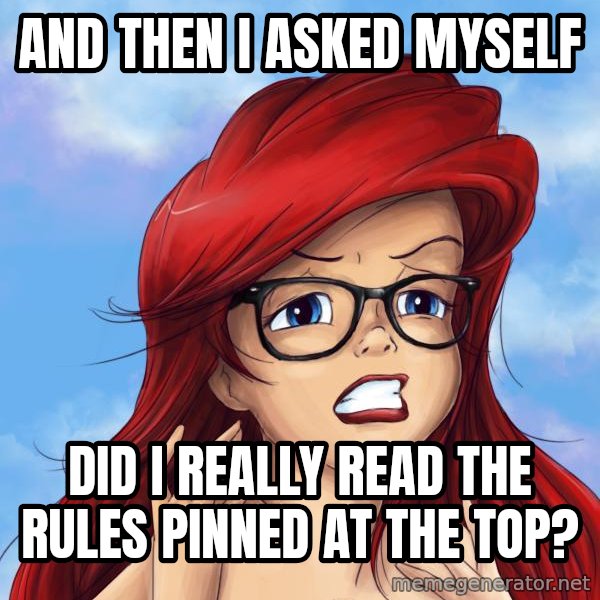 Hipster Ariel meme: And then I asked myself / Did I really read the rules pinned at the top?