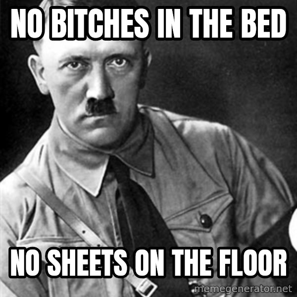 Hitler meme: No bitches in the bed / No sheets on the floor