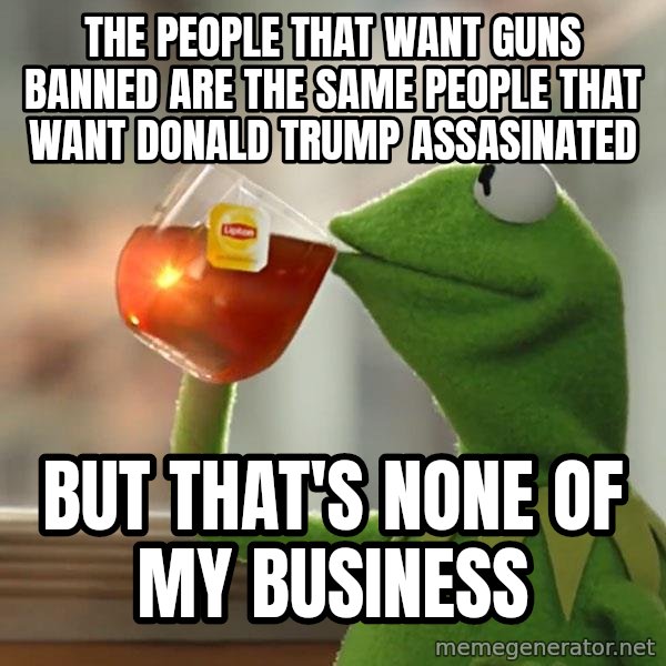 Kermit The Frog Drinking Tea meme: The people that want guns banned are the same people that want Donald Trump assasinated / But that's none of my business