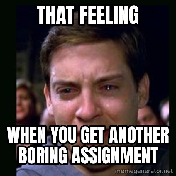 crying peter parker meme: That feeling / when you get another boring assignment