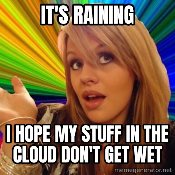 Dumb Blonde meme: it's raining / i hope my stuff in the cloud don't get wet
