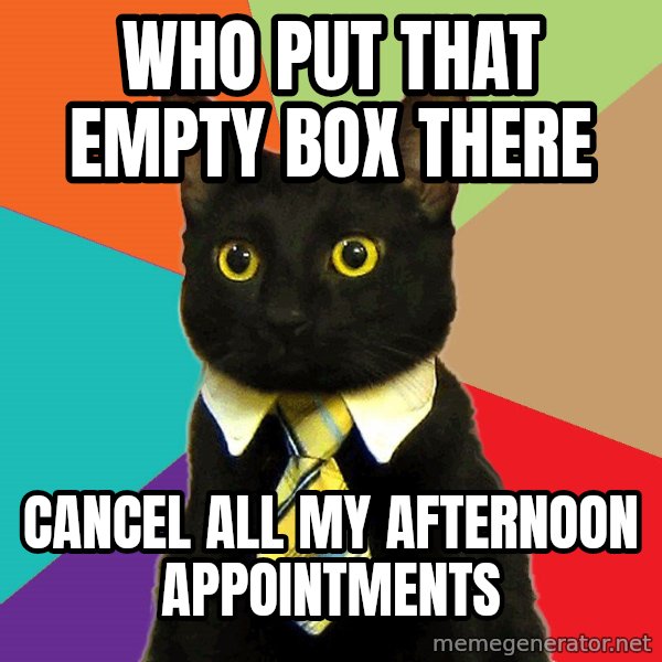 Business Cat meme: who put that empty box there / cancel all my afternoon appointments