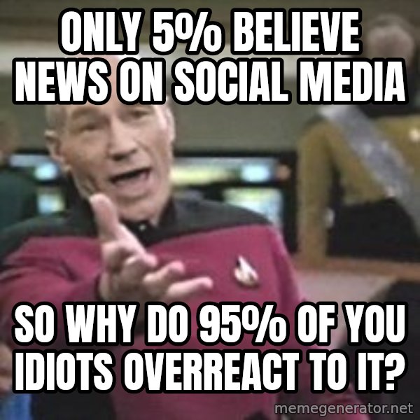 Captain Picard meme: Only 5% believe news on social media / So why do 95% of you idiots overreact to it?
