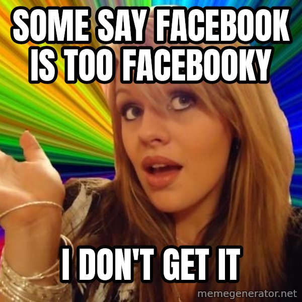 Dumb Blonde meme: some say facebook is too facebooky / i don't get it