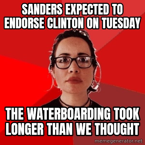 Liberal Douche Garofalo meme: Sanders expected to endorse Clinton on Tuesday / THe waterboarding took longer than we thought