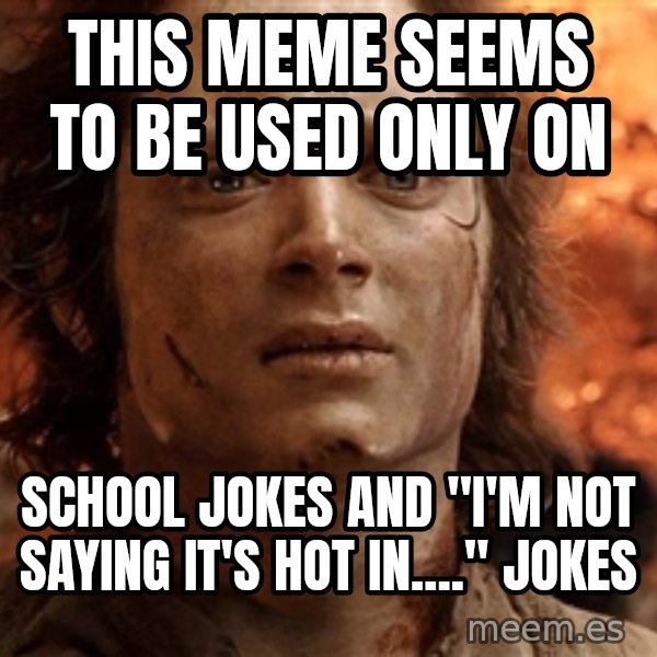 Frodo  meme: this meme seems to be used only on / school jokes and "i'm not saying it's hot in...." jokes
