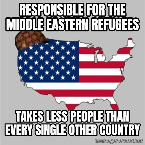 Scumbag America2 meme: responsible for the middle eastern refugees / takes less people than every single other country