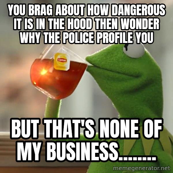 Kermit The Frog Drinking Tea meme: You brag about how dangerous it is in the hood then wonder why the police profile you / But that's none of my business........
