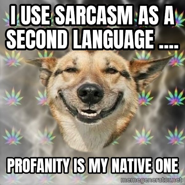 Stoner Dog meme: I use sarcasm as a second language .... / Profanity is my native one