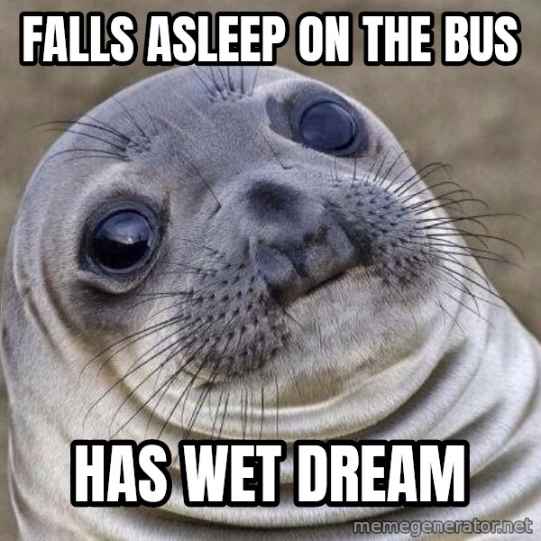 Awkward Seal meme: falls asleep on the bus / has wet dreaM