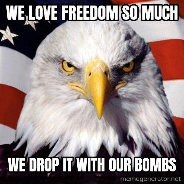 American Pride Eagle meme: We love freedom so much / we drop it with our bombs