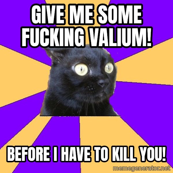 Anxiety Cat meme: give me some fucking valium! / before i have to kill you!