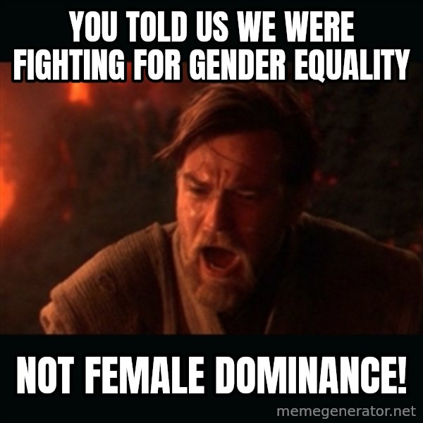 Obi Wan Kenobi "You were my brother!" meme: You told us we were fighting for gender equality / not female dominance!