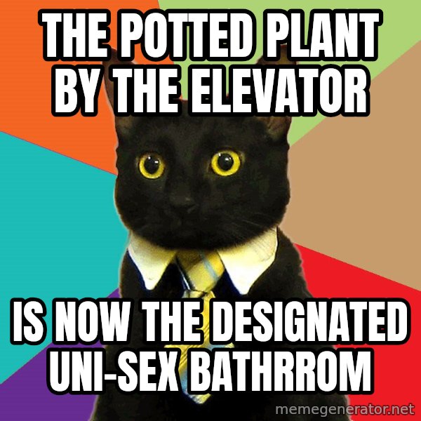 Business Cat meme: The potted plant by the elevator / is now the designated uni-sex bathrrom
