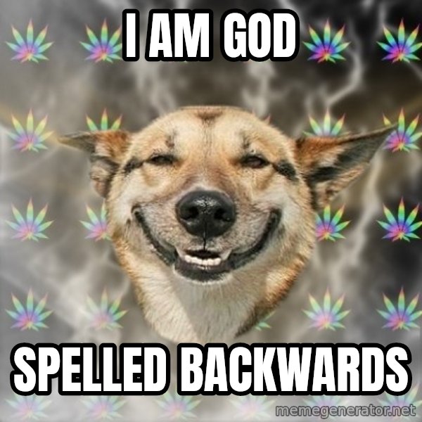 Stoner Dog meme: I am god / spelled backwards