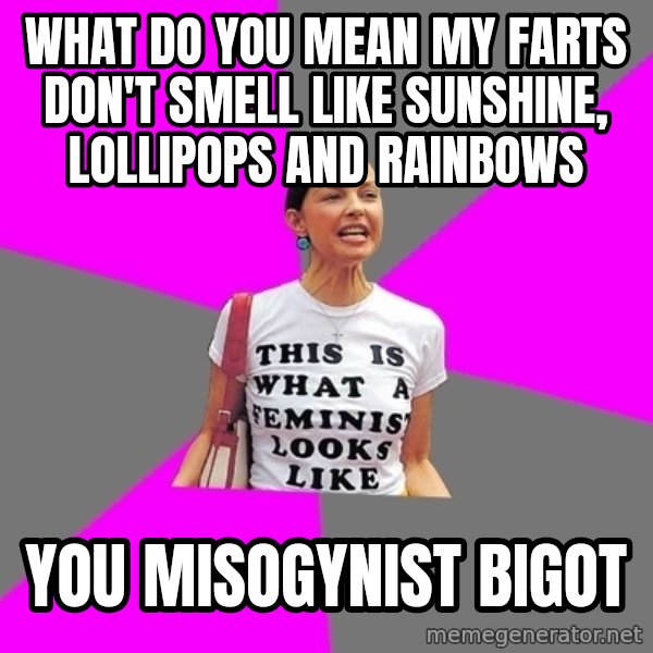 Feminist Cunt meme: what do you mean my farts don't smell like Sunshine, lollipops and rainbows / you misogynist bigot