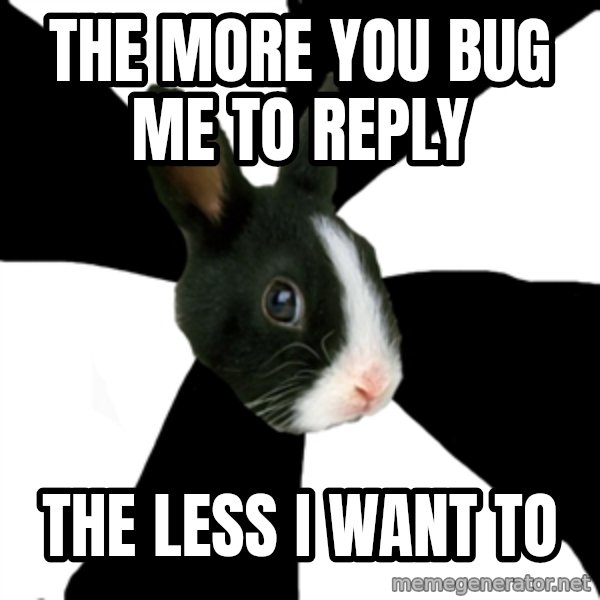 Roleplaying Rabbit meme: the more you bug me to reply / the less i want to
