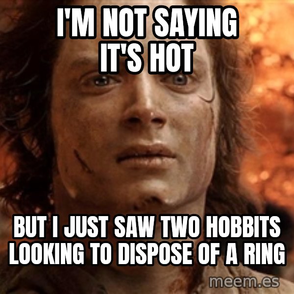 Frodo  meme: I'm not saying it's hot / But I just saw two hobbits looking to dispose of a ring