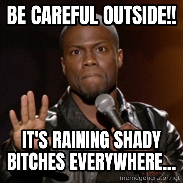 Kevin Hart meme: Be careful outside!! / It's raining shady bitches everywhere...