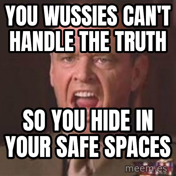 Jack Nicholson - You can't handle the truth! meme: YOU WUSSIES CAN'T HANDLE THE TRUTH / SO YOU HIDE IN YOUR SAFE SPACES