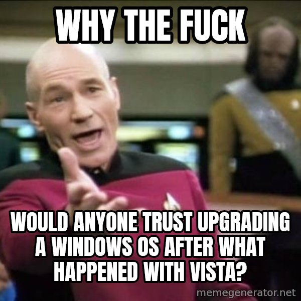 Why the fuck meme: why the fuck / would anyone trust upgrading a windows OS after what happened with Vista?