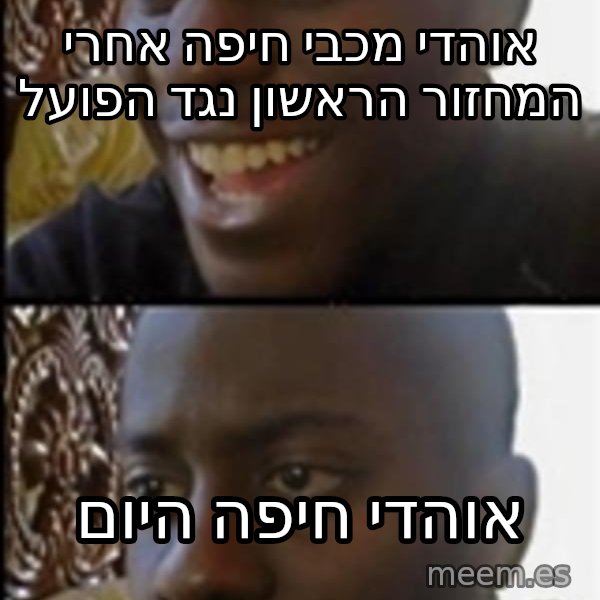 Happy Then Sad Black Guy meme: אוהדי מכבי חיפה אחרי המחזור הראשון נגד הפועל / אוהדי חיפה היום