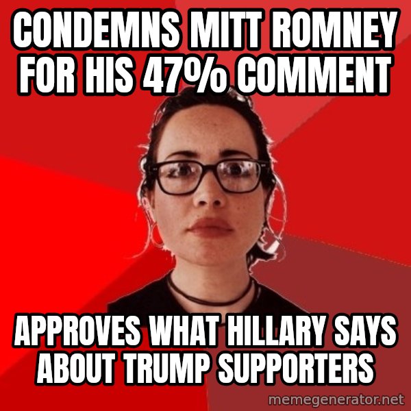 Liberal Douche Garofalo meme: condemns mitt romney for his 47% comment / approves what hillary says about trump supporters