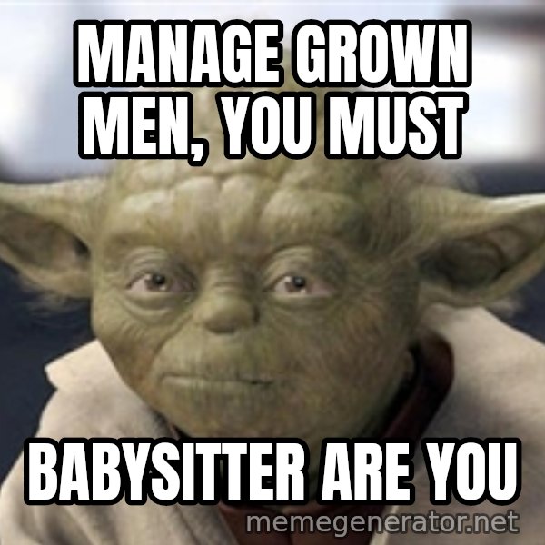 Master Yoda meme: MANAGE GROWN MEN, YOU MUST / BABYSITTER ARE YOU