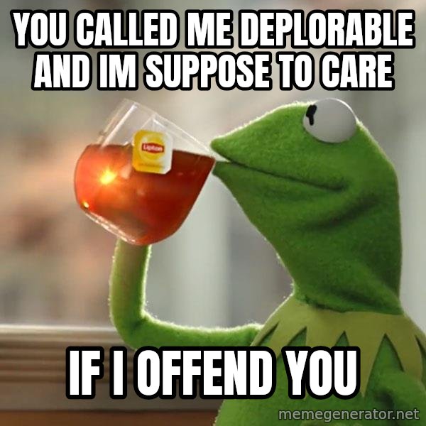 Kermit The Frog Drinking Tea meme: You called me Deplorable and Im suppose to care / if I offend you