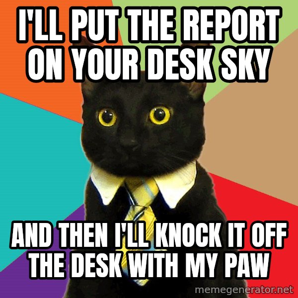 Business Cat meme: I'll put the report on your desk sky / And then i'll knock it off the desk with my paw