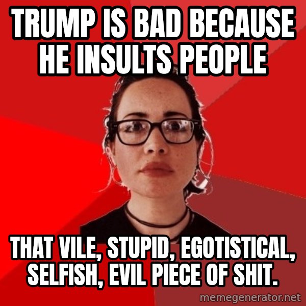 Liberal Douche Garofalo meme: trump is bad because he insults people / That vile, stupid, egotistical, selfish, evil piece of shit.