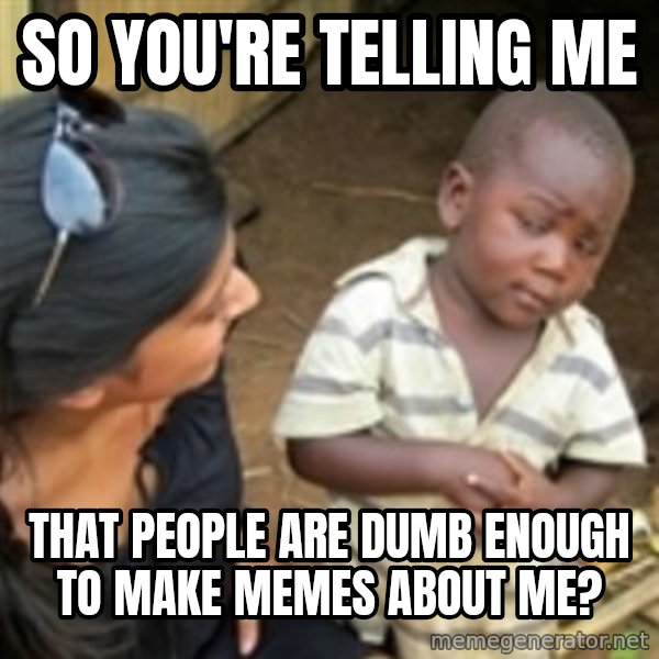 Skeptical african kid  meme: SO YOU'RE TELLING ME / That people are dumb enough to make memes about me?