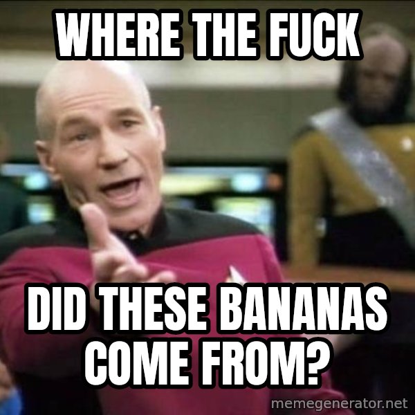 Why the fuck meme: Where the fuck / Did these bananas come from?