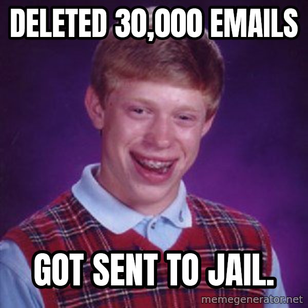 Bad Luck Brian meme: Deleted 30,000 emails / got sent to jail.