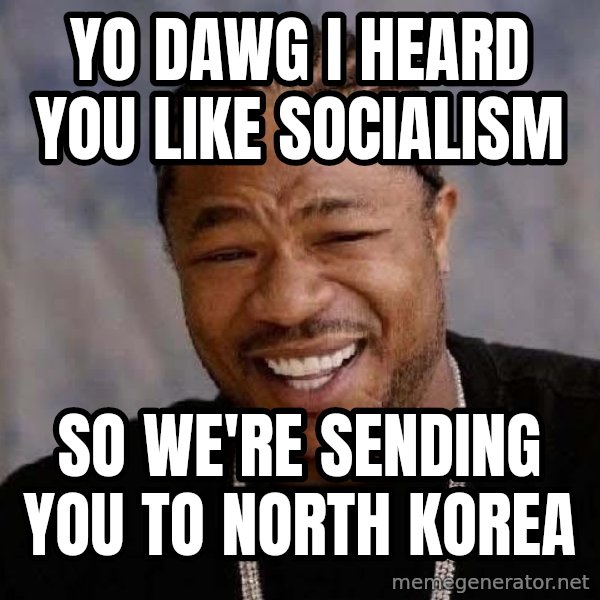 Yo Dawg meme: Yo dawg i heard you like socialism / so we're sending you to north korea