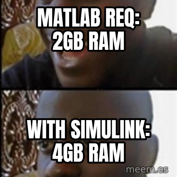 Happy Then Sad Black Guy meme: Matlab req: 2GB RAM / With Simulink: 4GB RAM