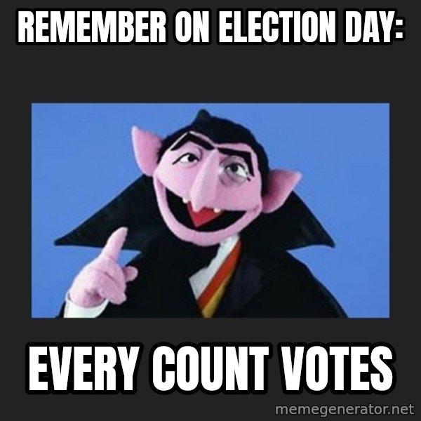 The Count from Sesame Street meme: REMEMBER ON ELECTION DAY: / EVERY COUNT VOTES