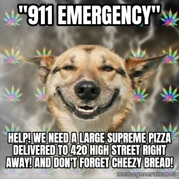 Stoner Dog meme: "911 emergency" / Help! we need a large supreme pizza delivered to 420 high street right away! And don't forget cheezy bread!