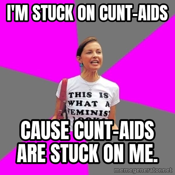 Feminist Cunt meme: I'm stuck on cunt-aids / Cause cunt-aids are stuck on me.