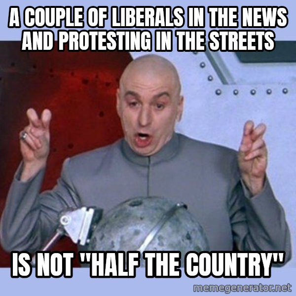 Dr Evil meme meme: A couple of liberals in the news and protesting in the streets / is not "half the country"