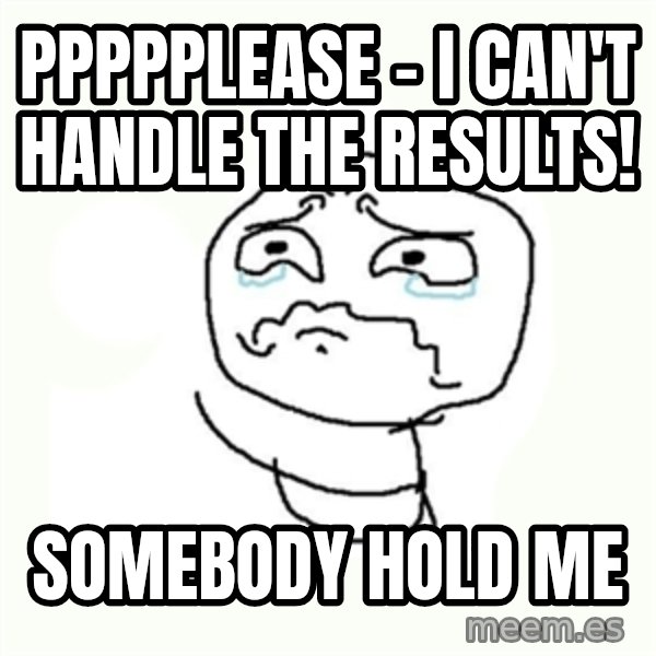 crying meme meme: Ppppplease - I can't handle the results! / Somebody hold me