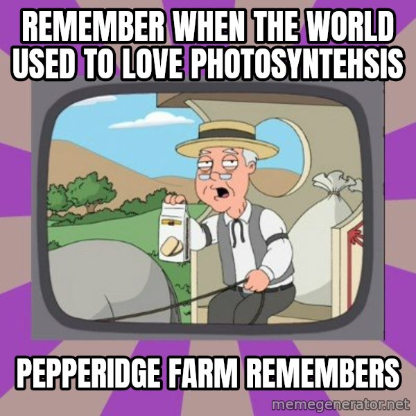 Pepperidge Farm Remembers FG meme: Remember when the world used to love photosyntehsis / Pepperidge Farm remembers
