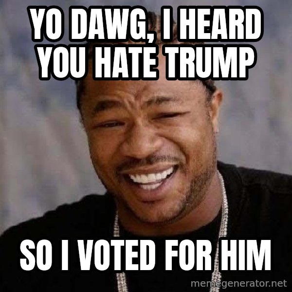 Yo Dawg meme: Yo Dawg, I heard you hate Trump / So I voted for him