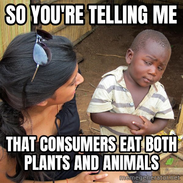 Skeptical African Child meme: So you're telling me / That consumers eat both plants and animals