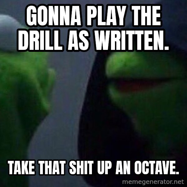 Evil kermit meme: Gonna play the drill as written. / Take that shit up an octave.