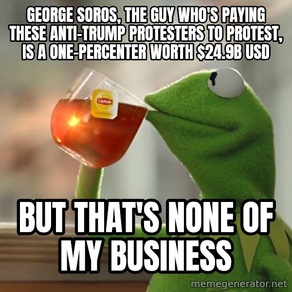 Kermit The Frog Drinking Tea meme: George Soros, the guy who's paying these Anti-Trump protesters to protest, is a one-percenter worth $24.9B USD / but that's none of my business