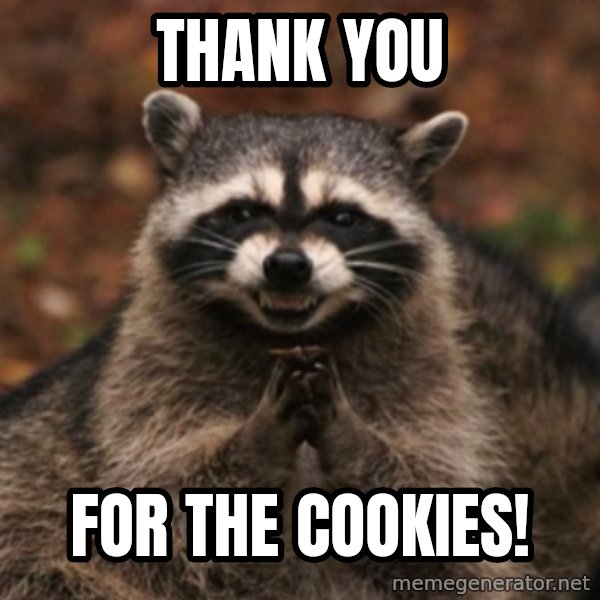 evil raccoon meme: tHANK YOU / FOR THE COOKIES!